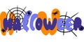 Cartoon Halloween design for print. Vector scary banner with spiders and spiderwebs.